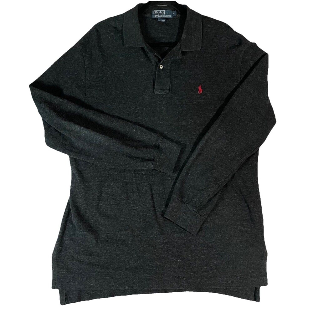 VTG Polo Ralph Lauren Polo Shirt Mens Size L Dark Gray Long Sleeve Cotton Shirt